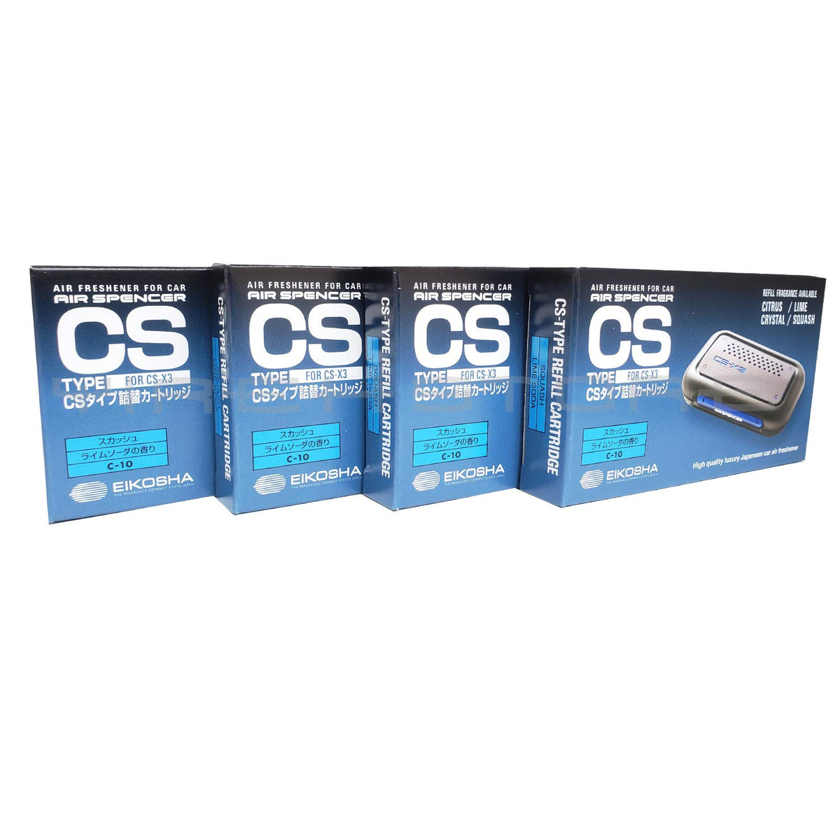 Air Spencer front packaging showing four CS-X3 Squash refills and clear branding benefit freshness