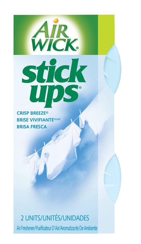 Air Wick Stick Ups front packaging showing compact discs and freshness benefit
