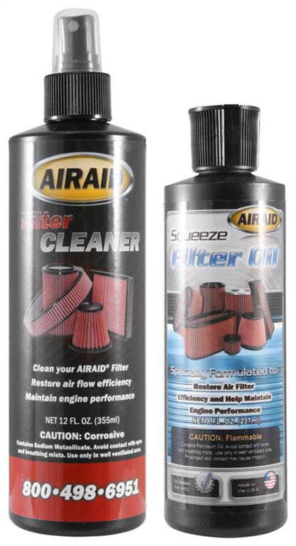 Airaid kit front packaging showing cleaning solution and red oil for easy maintenance