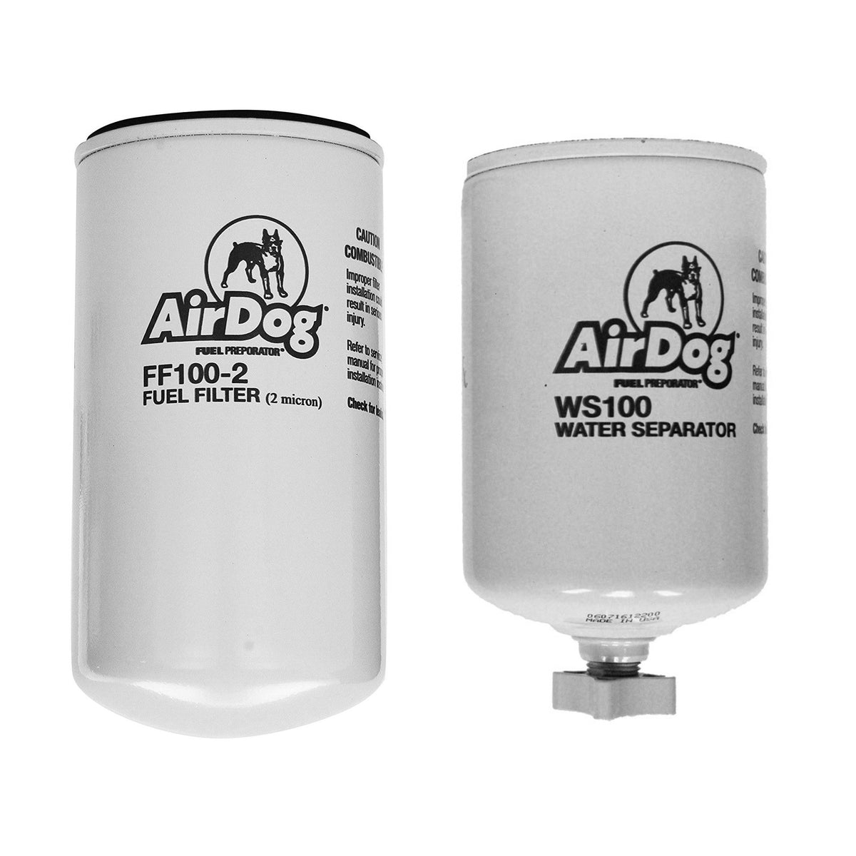 AirDog front packaging showing both WS100 and FF100-2 filters and easy identification benefit