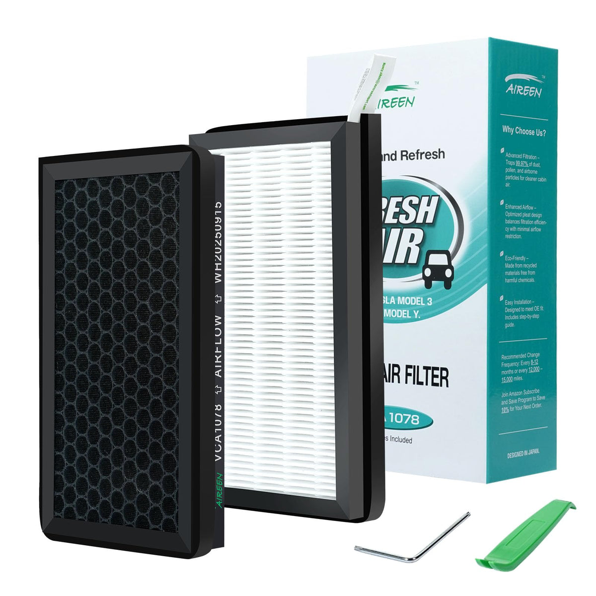 Aireen front packaging showing two Tesla Model 3 Y filters and included tools, clear kit benefit