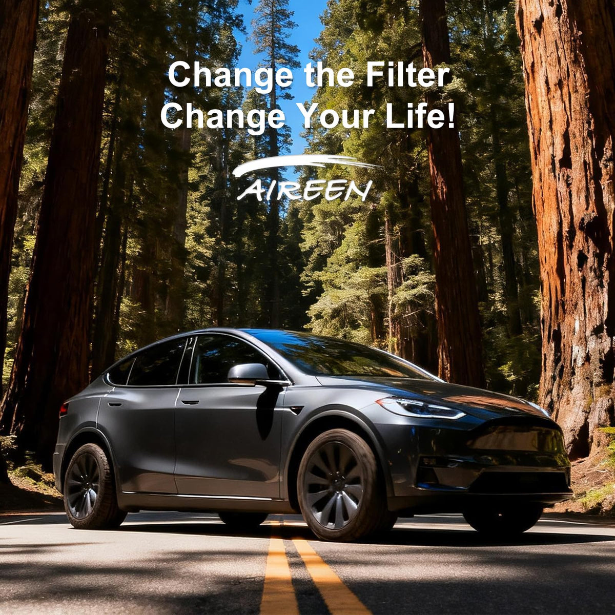 Aireen lifestyle shot of Tesla interior implying fresher air and passenger comfort benefit