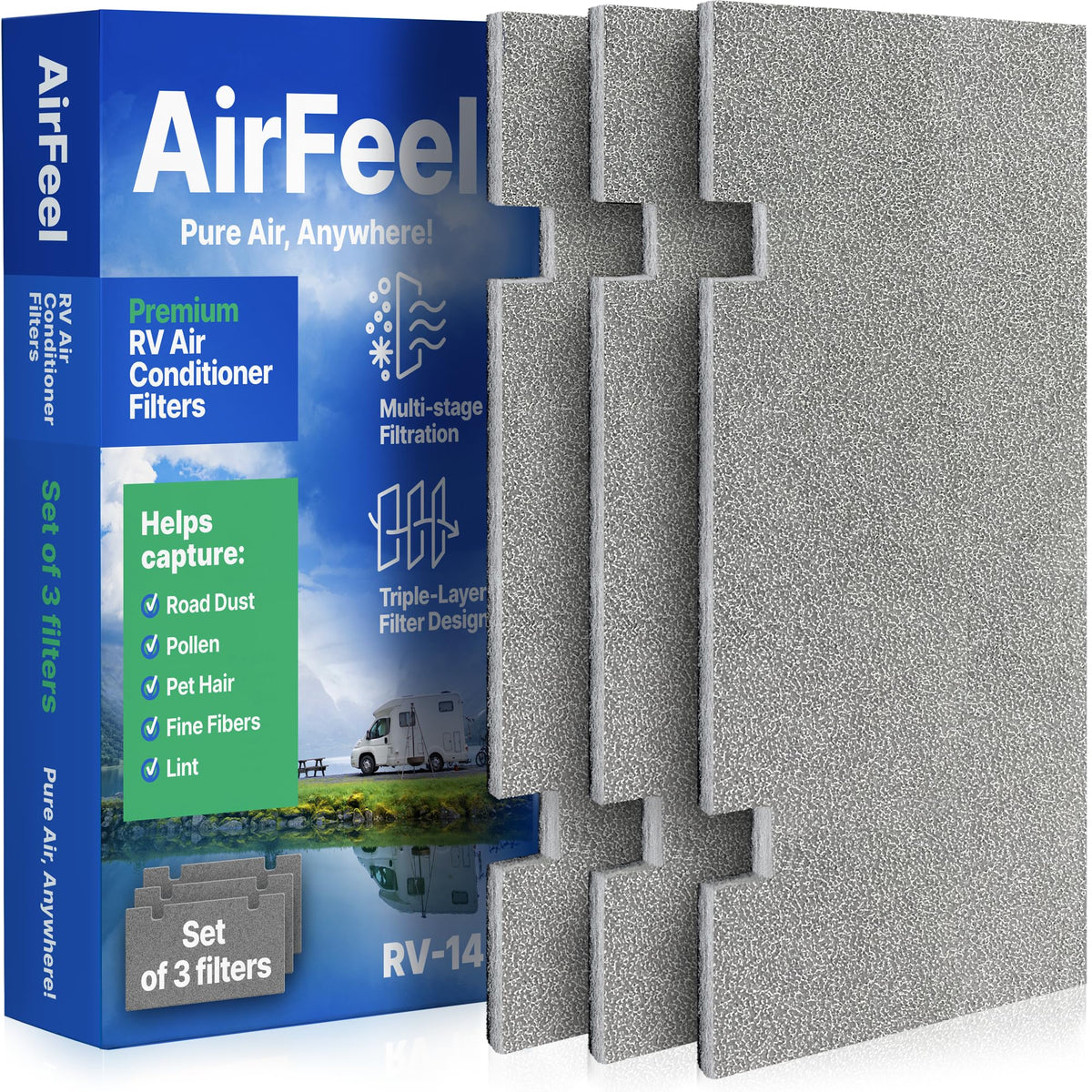 AirFeel front packaging showing three replacement RV filters and benefits