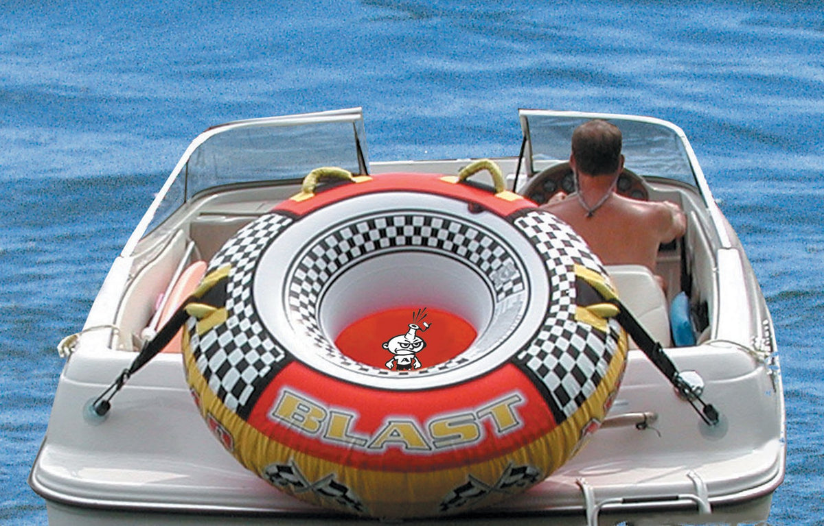 AIRHEAD Tube Keeper in use on boat stern keeping towable secure and freeing seats