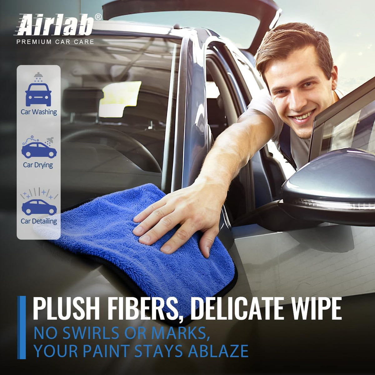 Airlab towel held in hand showing 16x16 size and handling benefit