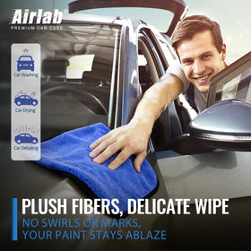 Airlab towel held in hand showing 16x16 size and handling benefit