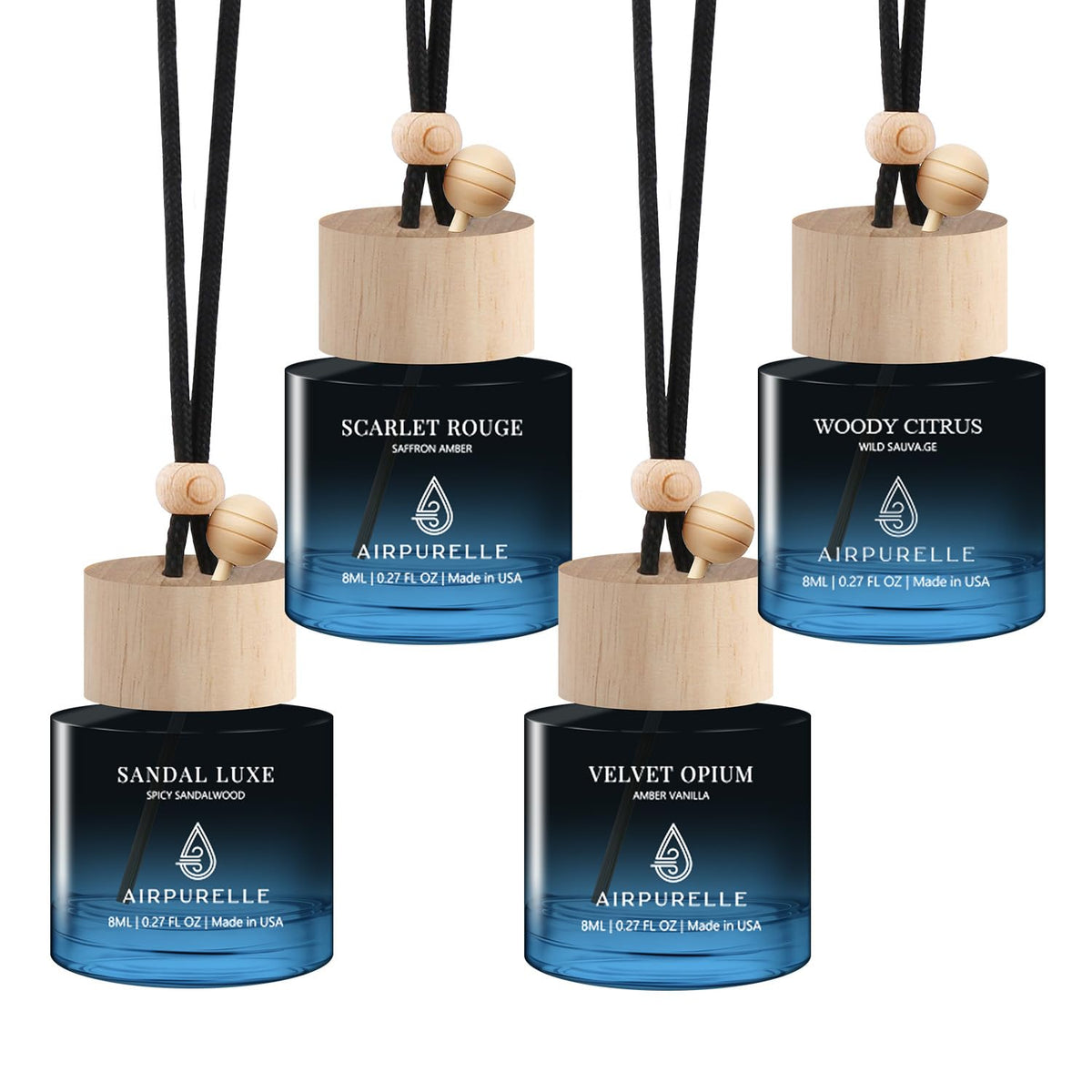AirPurelle front packaging showing four saffron amber hanging diffusers and gift-ready design