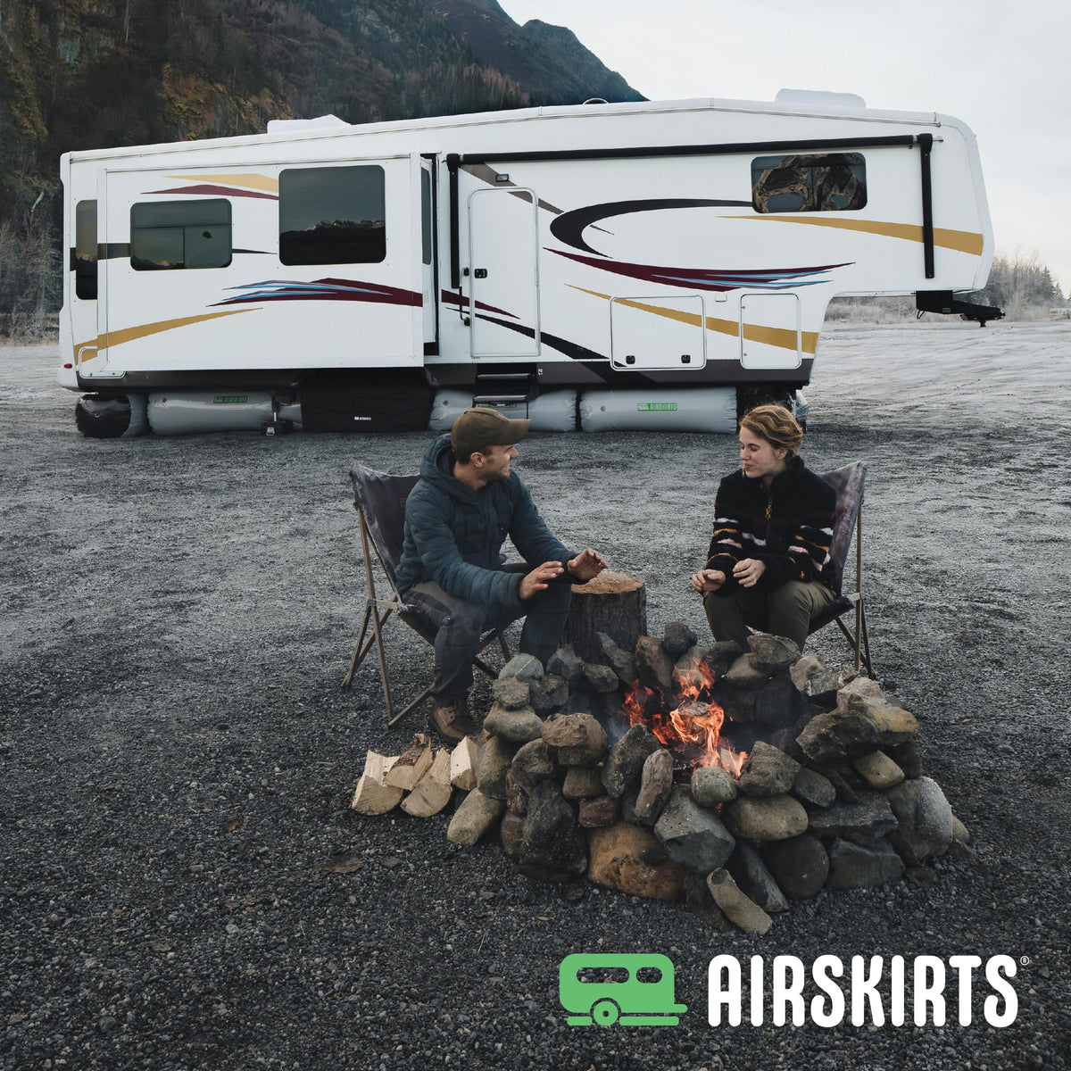 AirSkirts on trailer at campsite illustrating seasonal protection