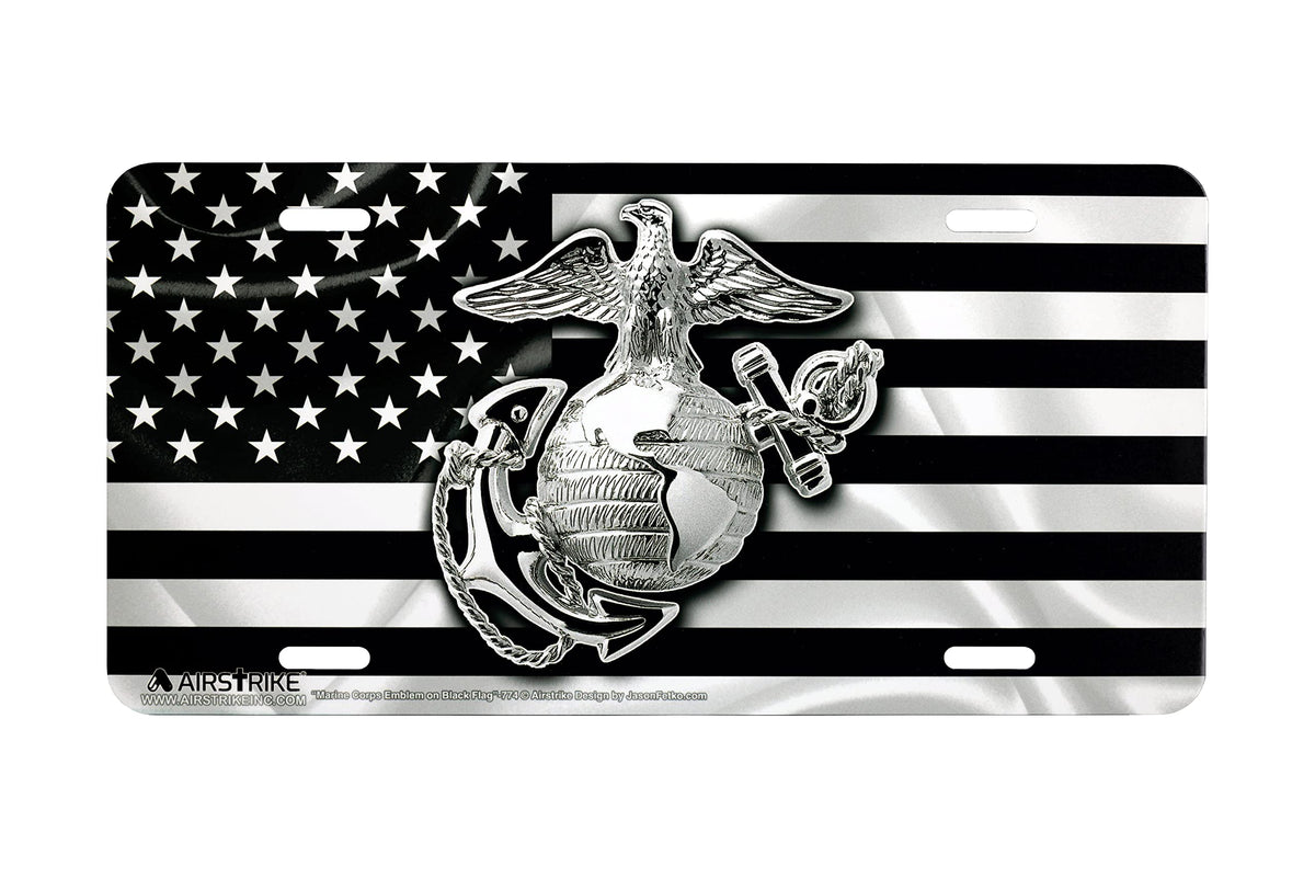 Airstrike USMC front plate full view showing bold black flag design and durable metal finish