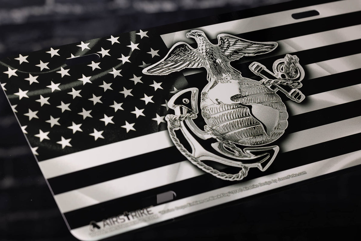 Airstrike USMC plate next to ruler showing the standard 6x12 inch scale for accurate fit