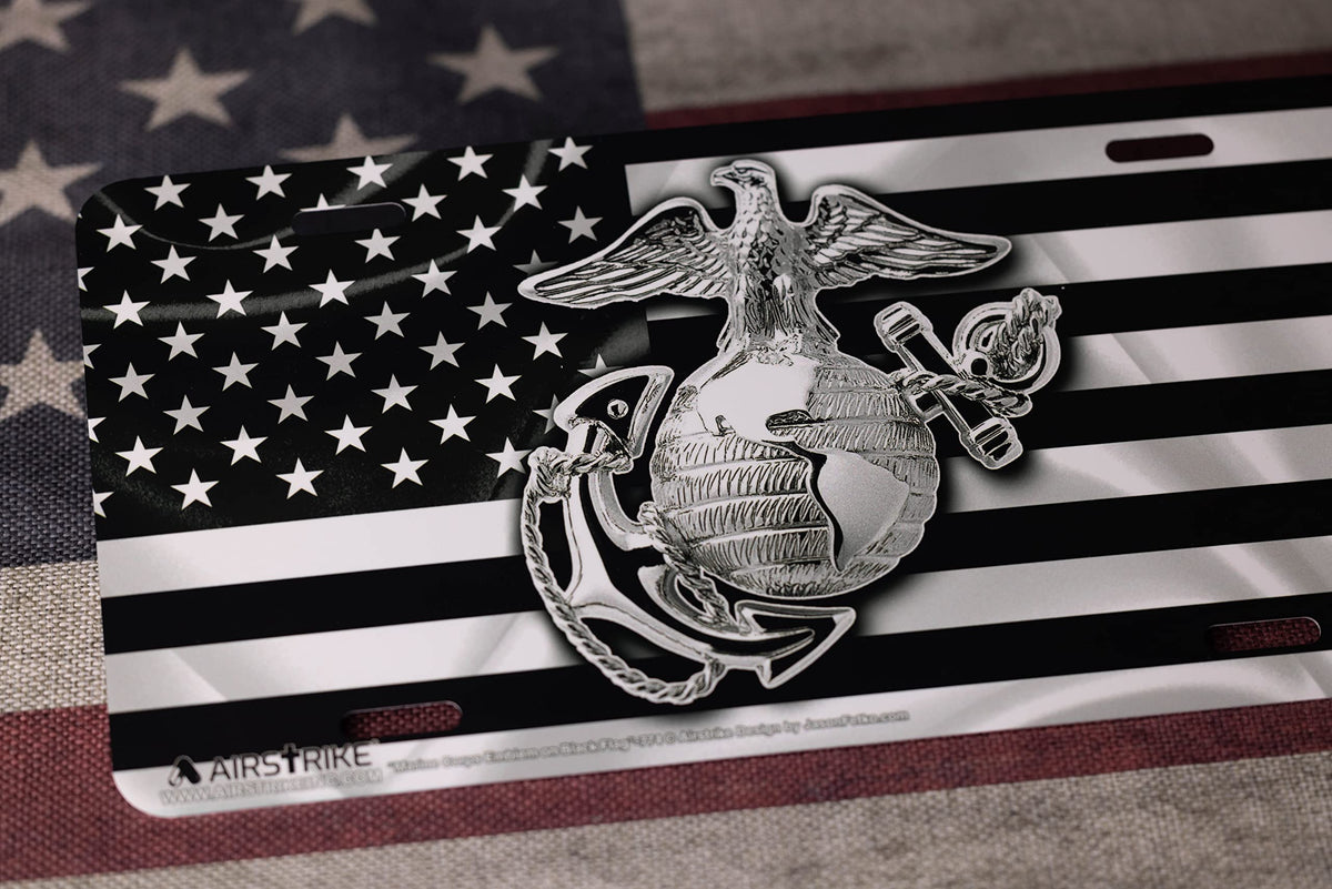 Airstrike USMC plate with water droplets demonstrating waterproof finish and weather resistance