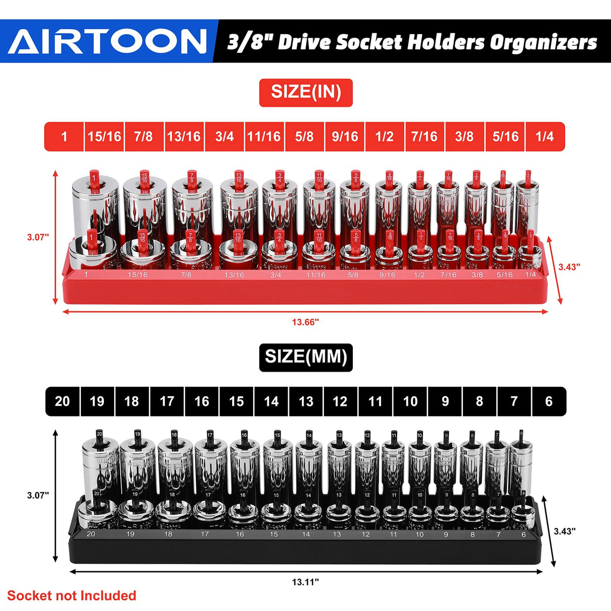 AIRTOON tray holding deep sockets to demonstrate secure fit and organized storage