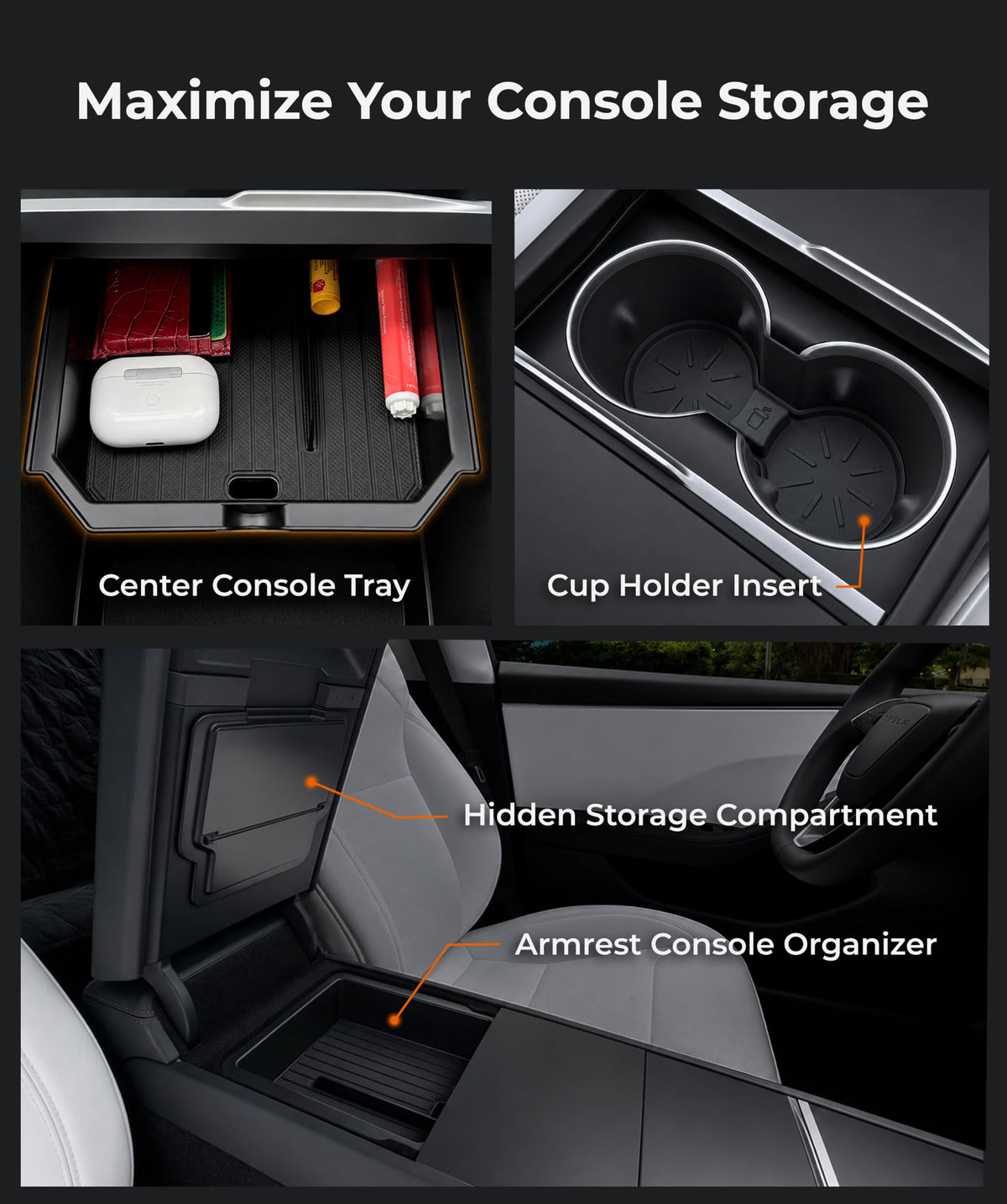 AIRVOLT hidden armrest compartment open storing wallet and charger neatly