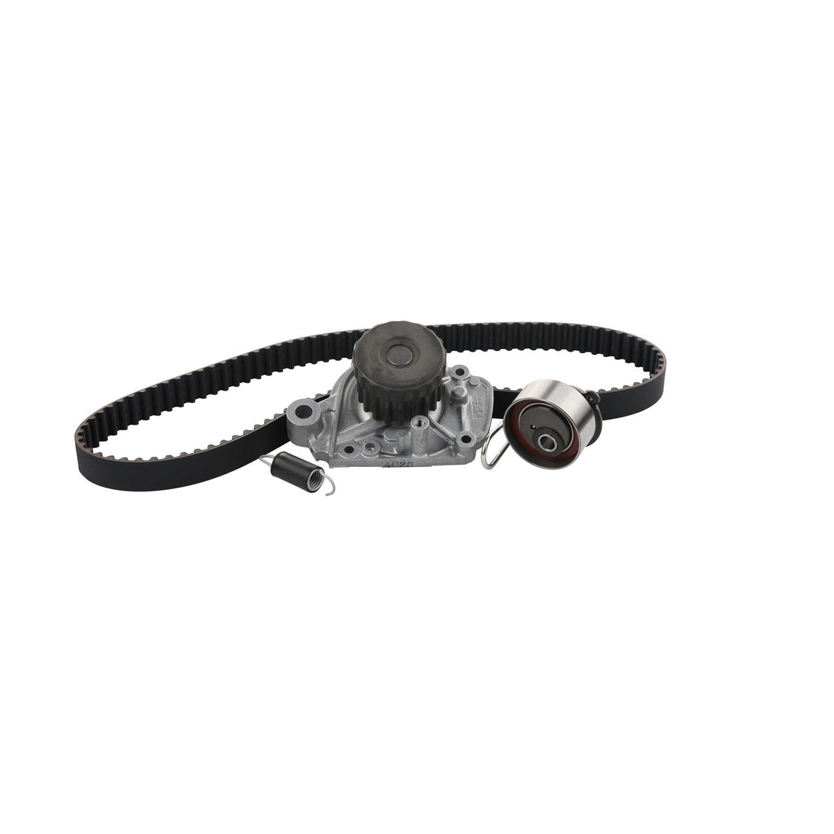 AISIN timing belt with tensioner and spring laid out for complete repair kit