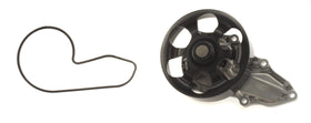 AISIN water pump front view showing mounting points and pulley, durable construction for reliable cooling