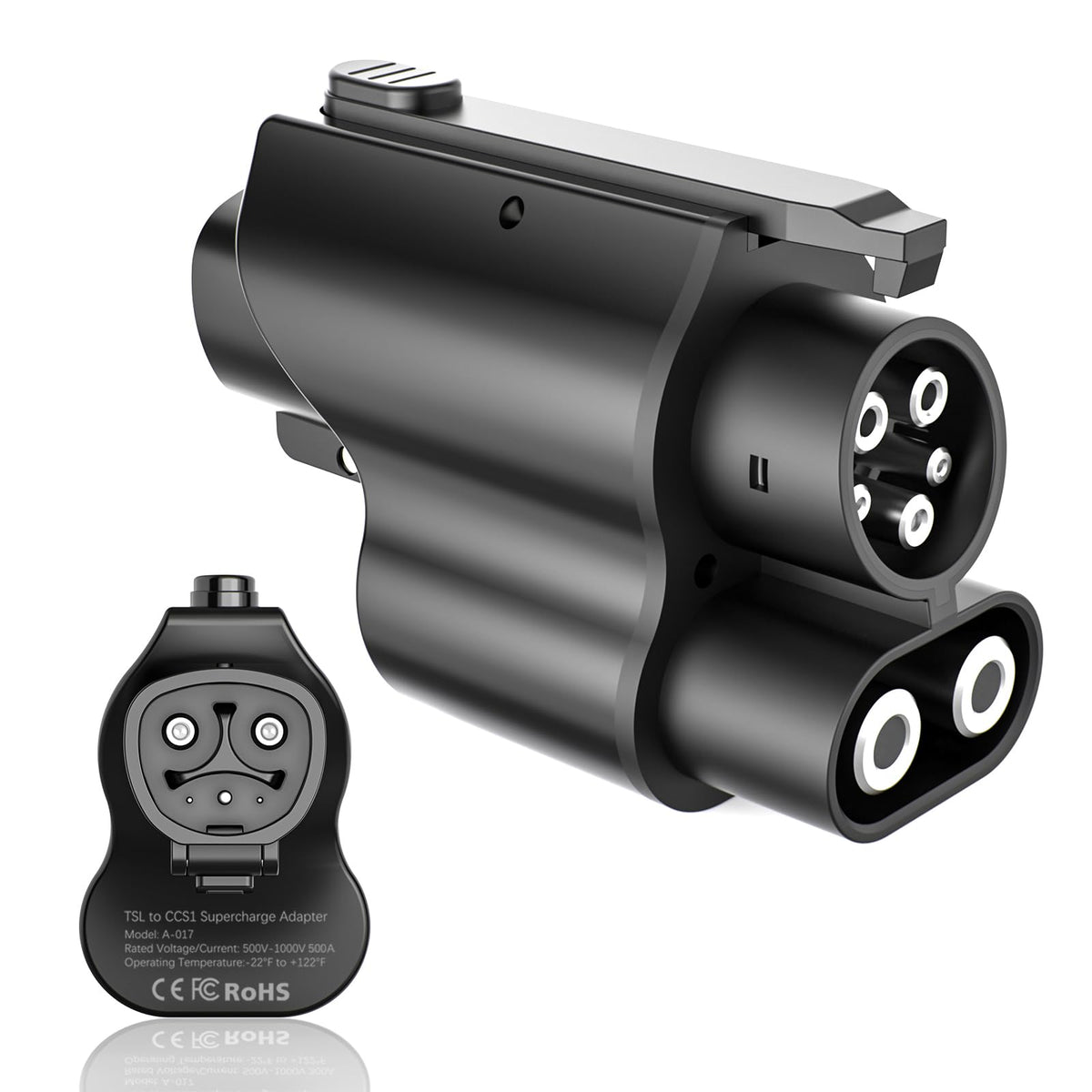 Aiskooc adapter front view showing NACS to CCS1 connection and clear identification benefit