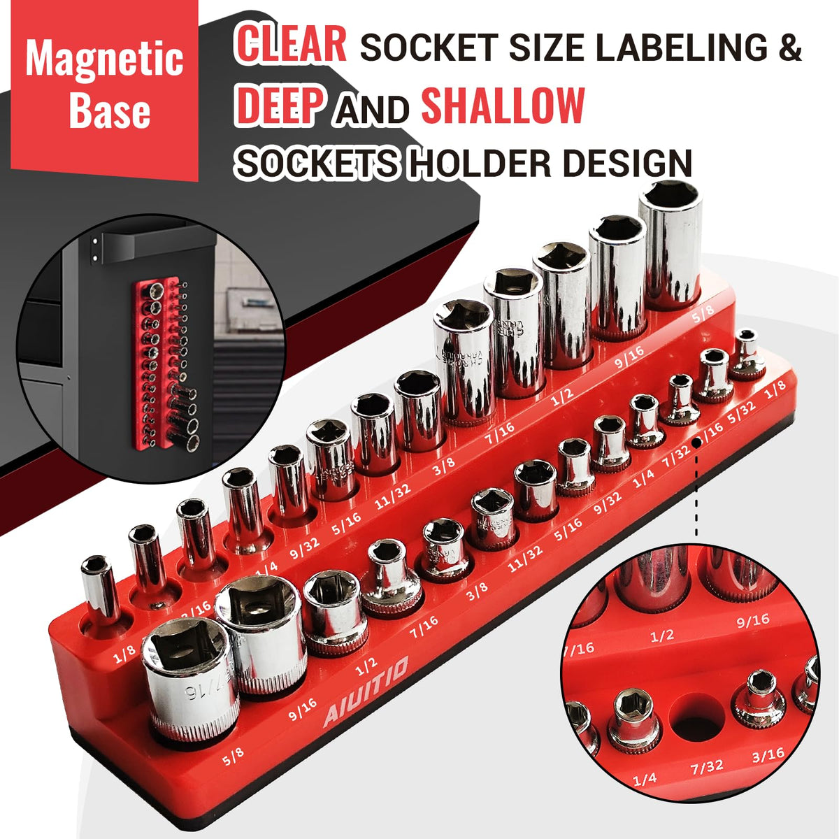 AIUITIO close-up of rubber-coated magnetic base protecting toolbox finish while holding sockets securely