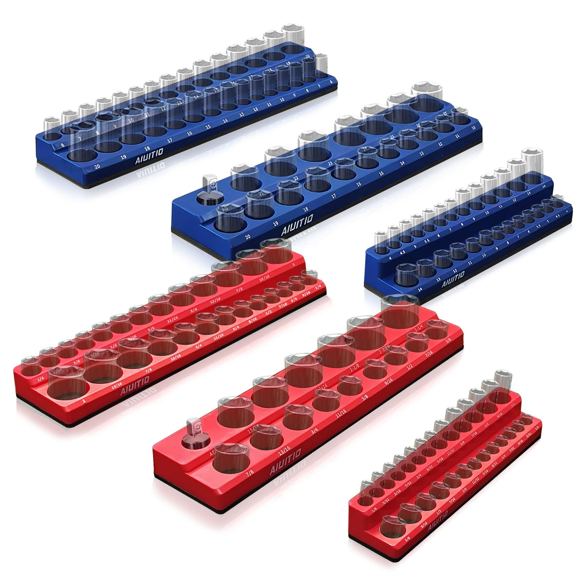 AIUITIO front view of six-piece magnetic socket organizer set showing neat tray layout and labels for quick selection