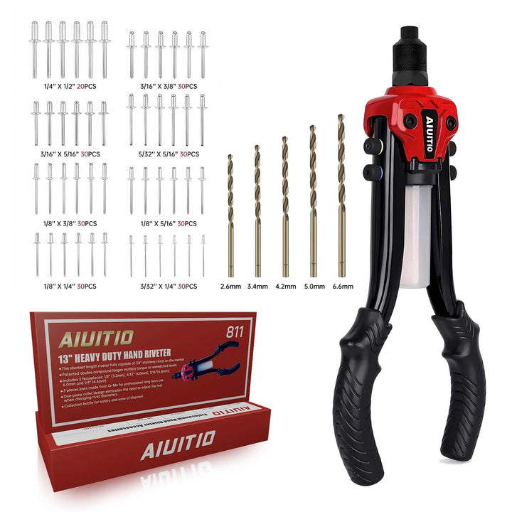 AIUITIO rivet gun front view showing durable handles and metal housing for strong leverage