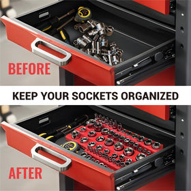 AIUITIO socket organizer shown next to ruler for scale so shoppers can confirm tray and socket fit