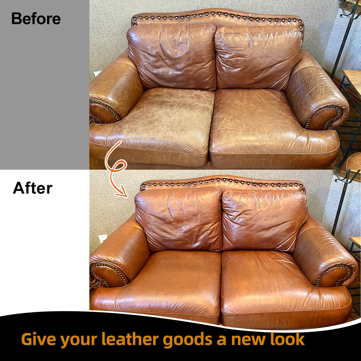AIUKBL before-and-after view of a leather seat showing faded versus restored maroon finish