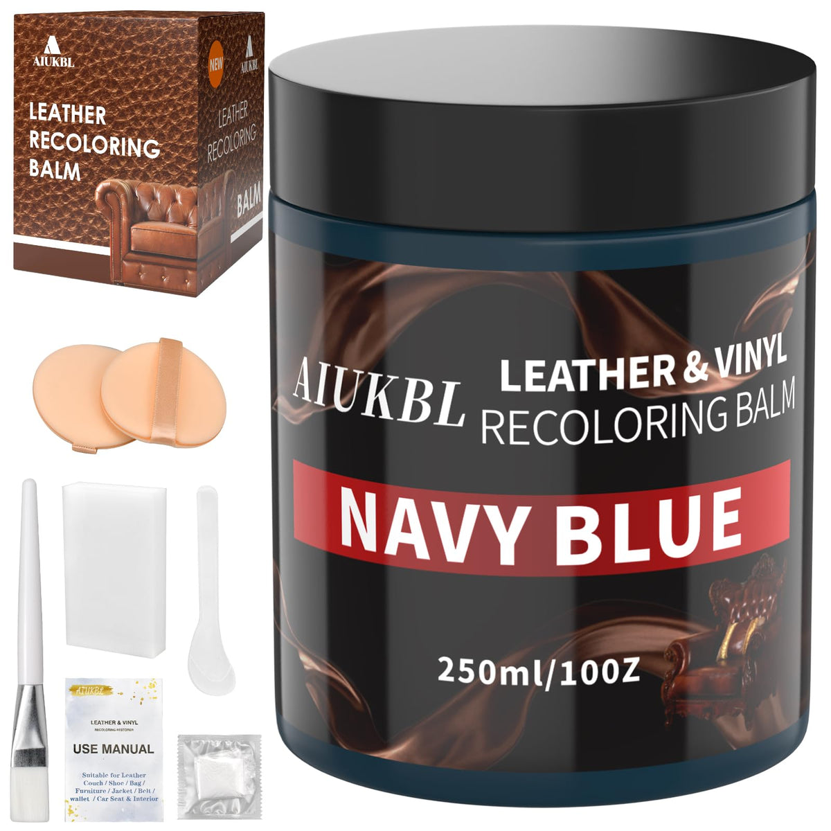 AIUKBL front packaging navy blue showing product bottle and branding benefits