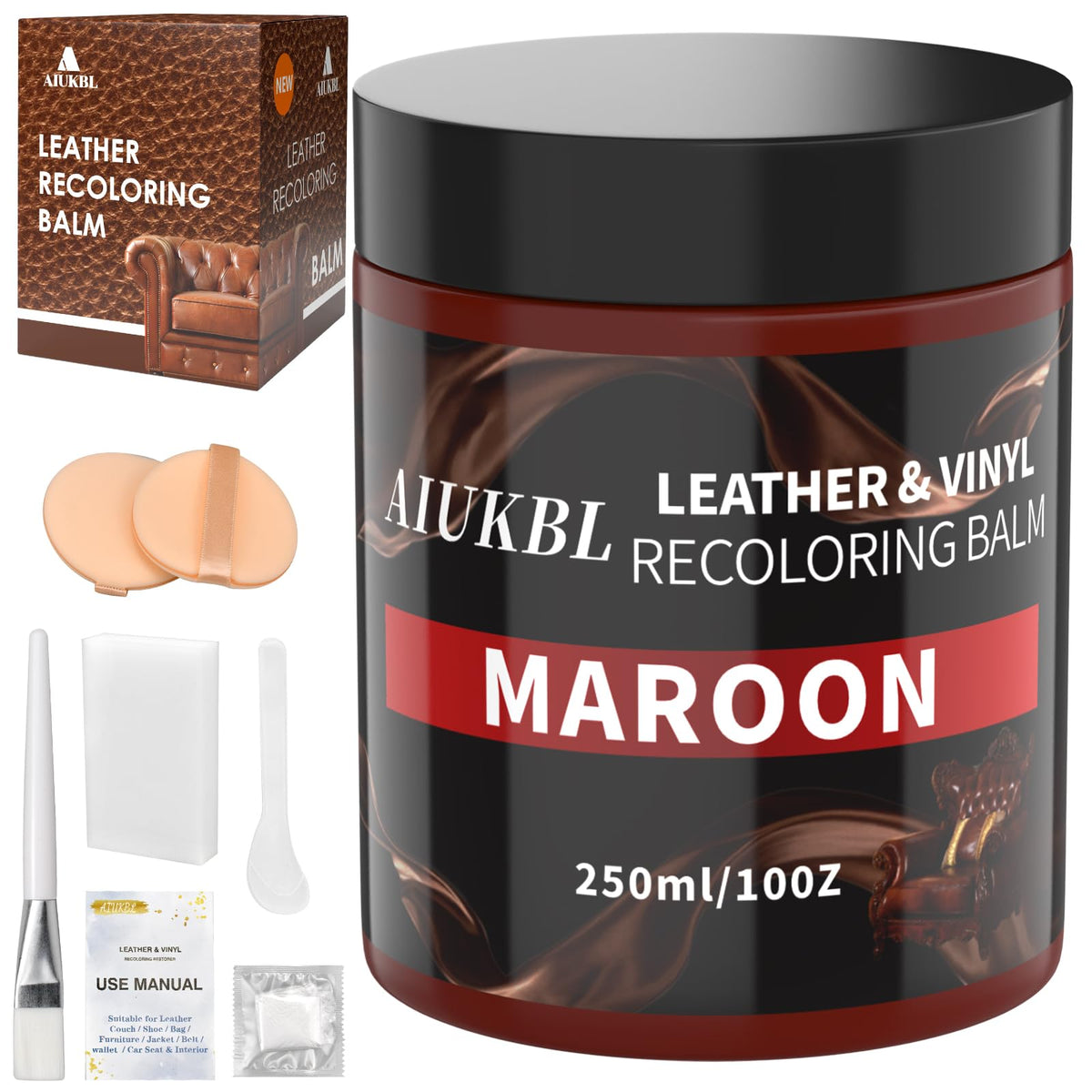 AIUKBL front packaging showing maroon leather balm and clear label, restoring color