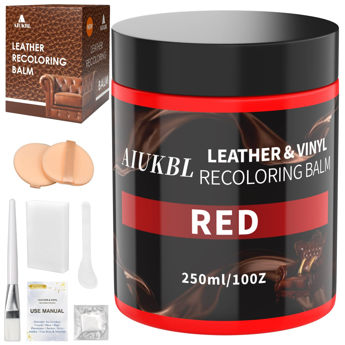 AIUKBL front packaging showing red leather recoloring balm and kit benefits