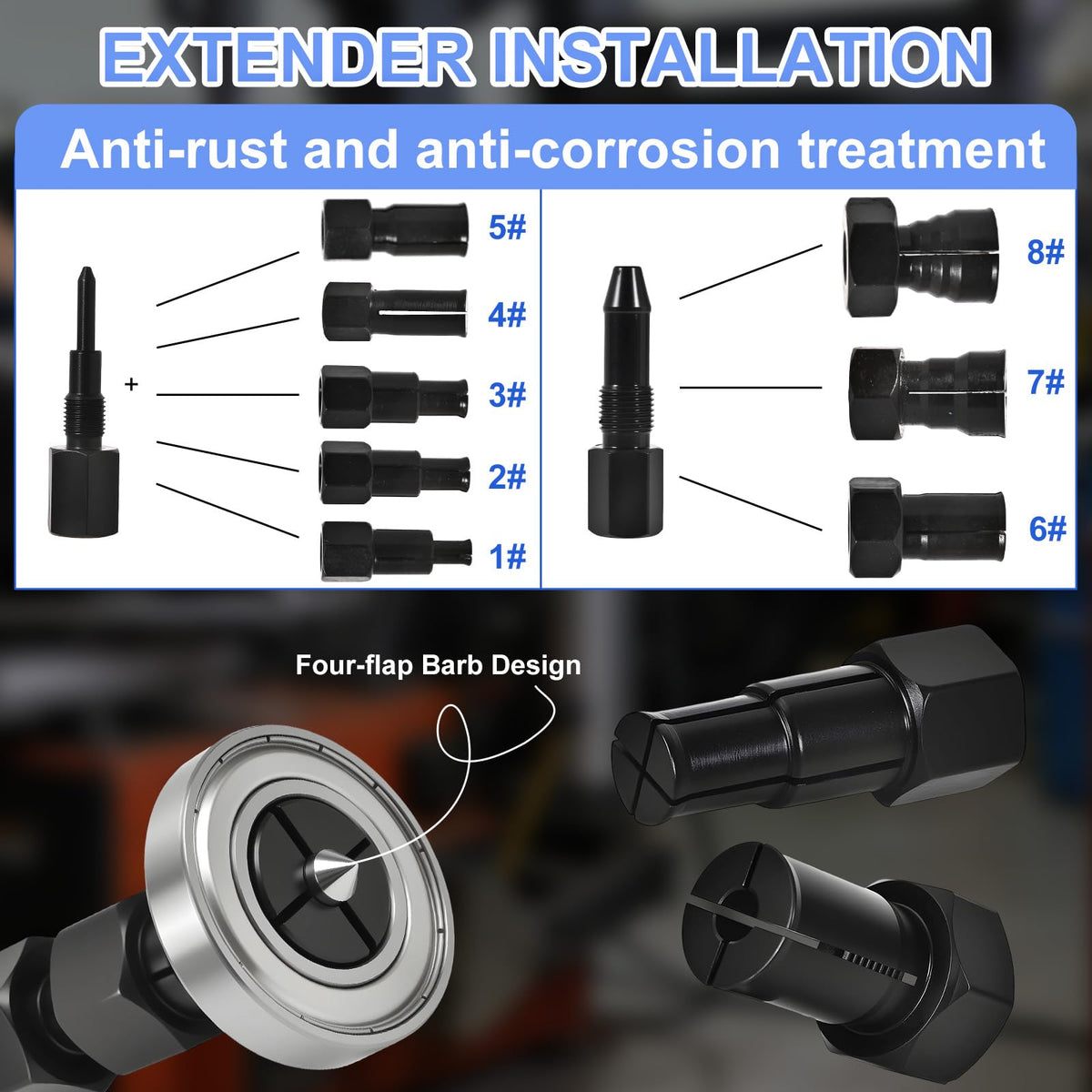AIUWIZO expandable collets laid out to show range 8–32mm for matching bearing bores