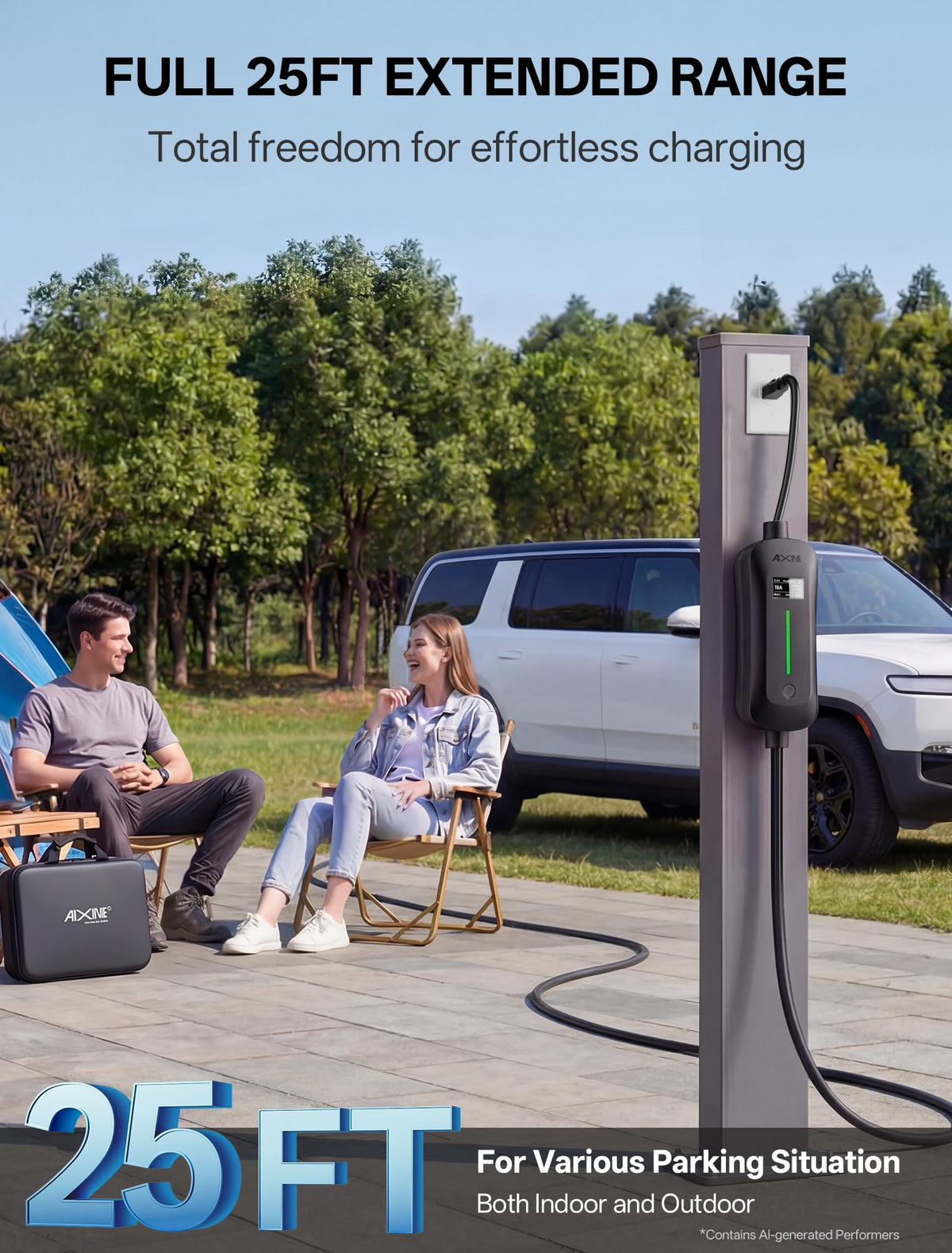 AIXINE 120V adapter and plug illustrating versatile Level 1 charging option
