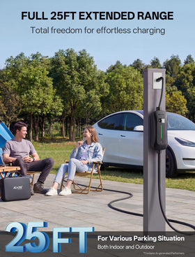 AIXINE 25ft cable stretched in garage illustrating reach and convenient parking flexibility