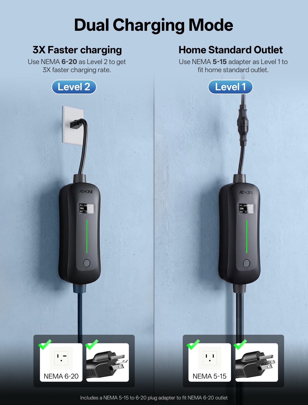 AIXINE close-up of NACS connector demonstrating secure fit and fast plug-in benefit