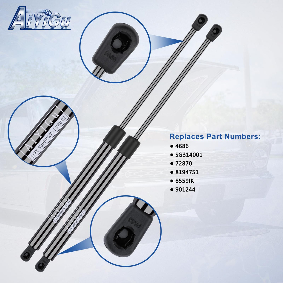 AiYiGu compressed and extended struts side-by-side for scale, illustrating correct length specifications