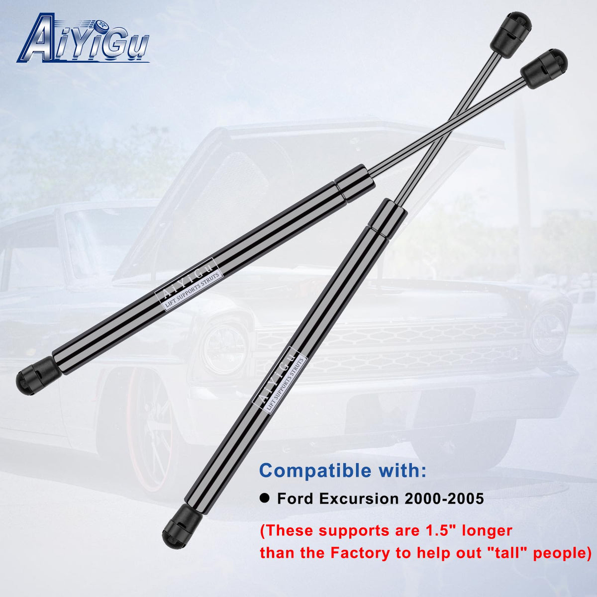 AiYiGu struts installed on Ford Excursion rear window providing higher open clearance