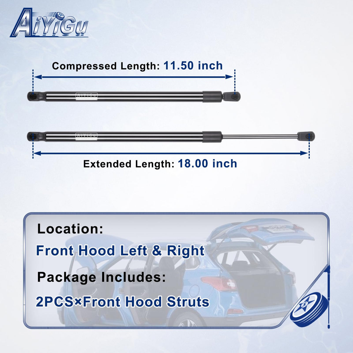 AiYiGu front-view of assembled strut pair illustrating balanced hood support