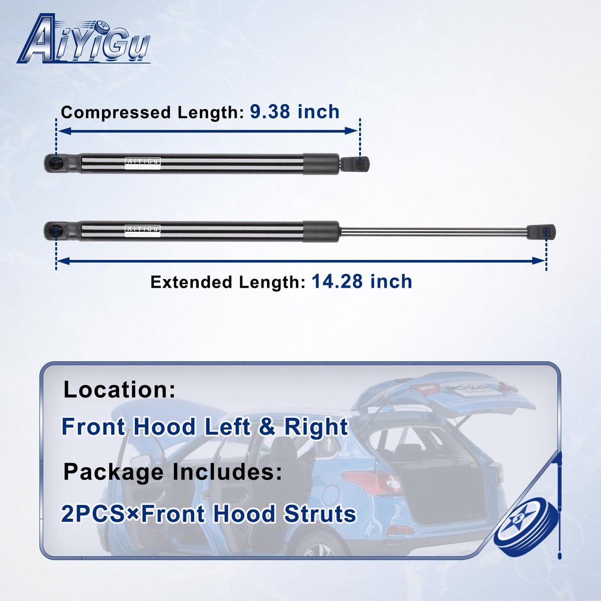 AiYiGu hood strut compressed length view with clear measurement to confirm fit and compatibility
