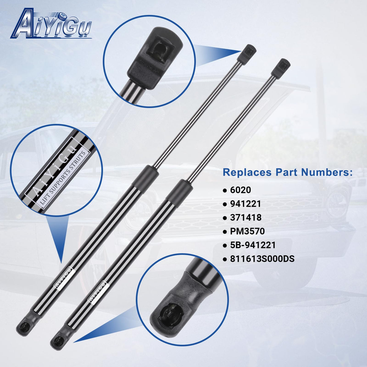 AiYiGu hood strut fully extended length displayed to verify stroke for correct hood support