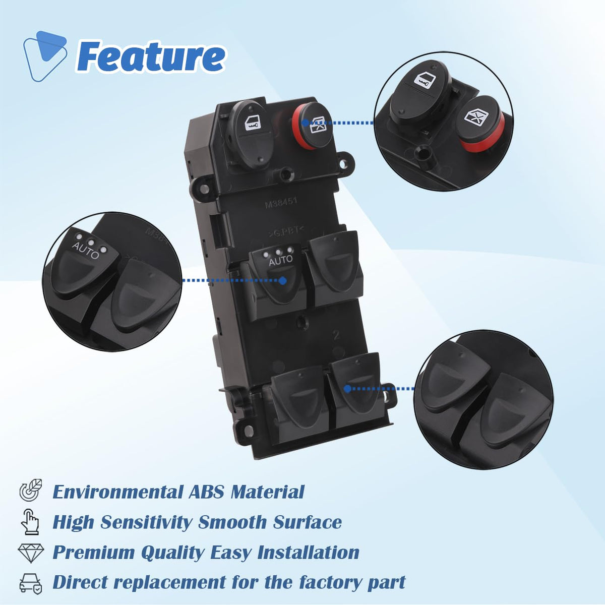 AiYiGu switch installed in driver door demonstrating plug-and-play replacement