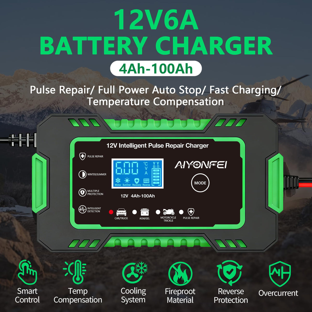 AIYONFEI backlit LCD display showing voltage and charge status for clear monitoring