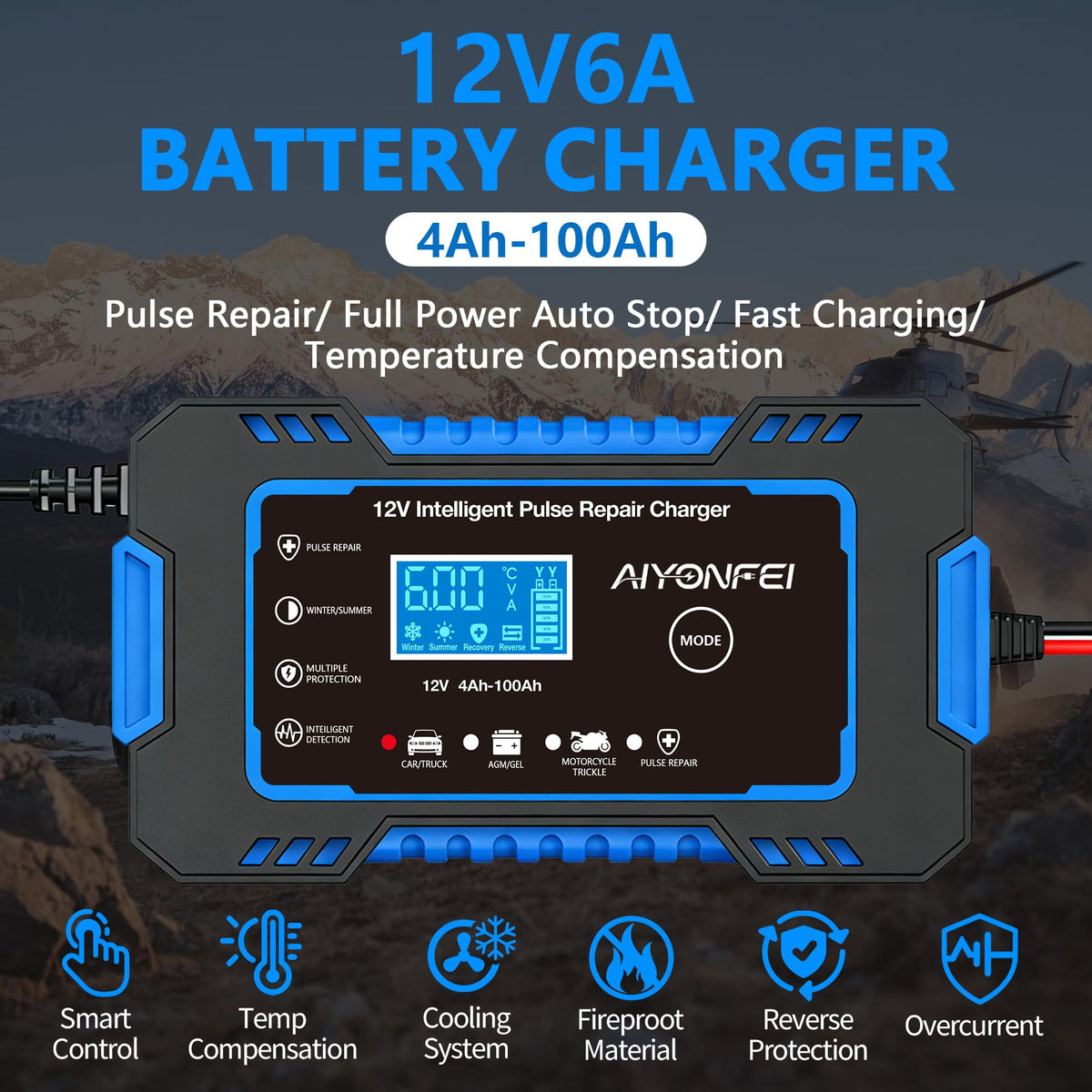 AIYONFEI close-up LCD screen displaying voltage and current for instant monitoring