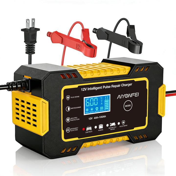 AIYONFEI front view of yellow charger showing controls and safety features, easy identification