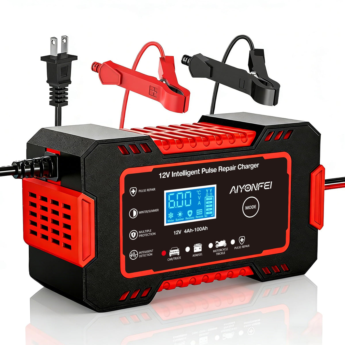 AIYONFEI front view of red charger showing compact design and port layout for easy storage