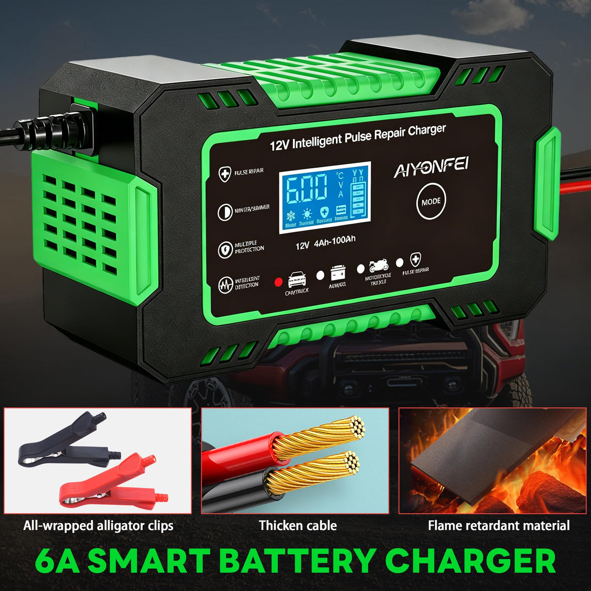 AIYONFEI connected to car battery under hood demonstrating safe charging in use