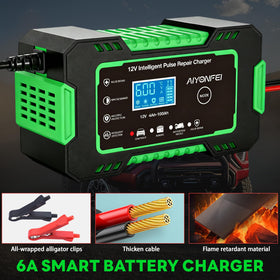 AIYONFEI connected to car battery under hood demonstrating safe charging in use