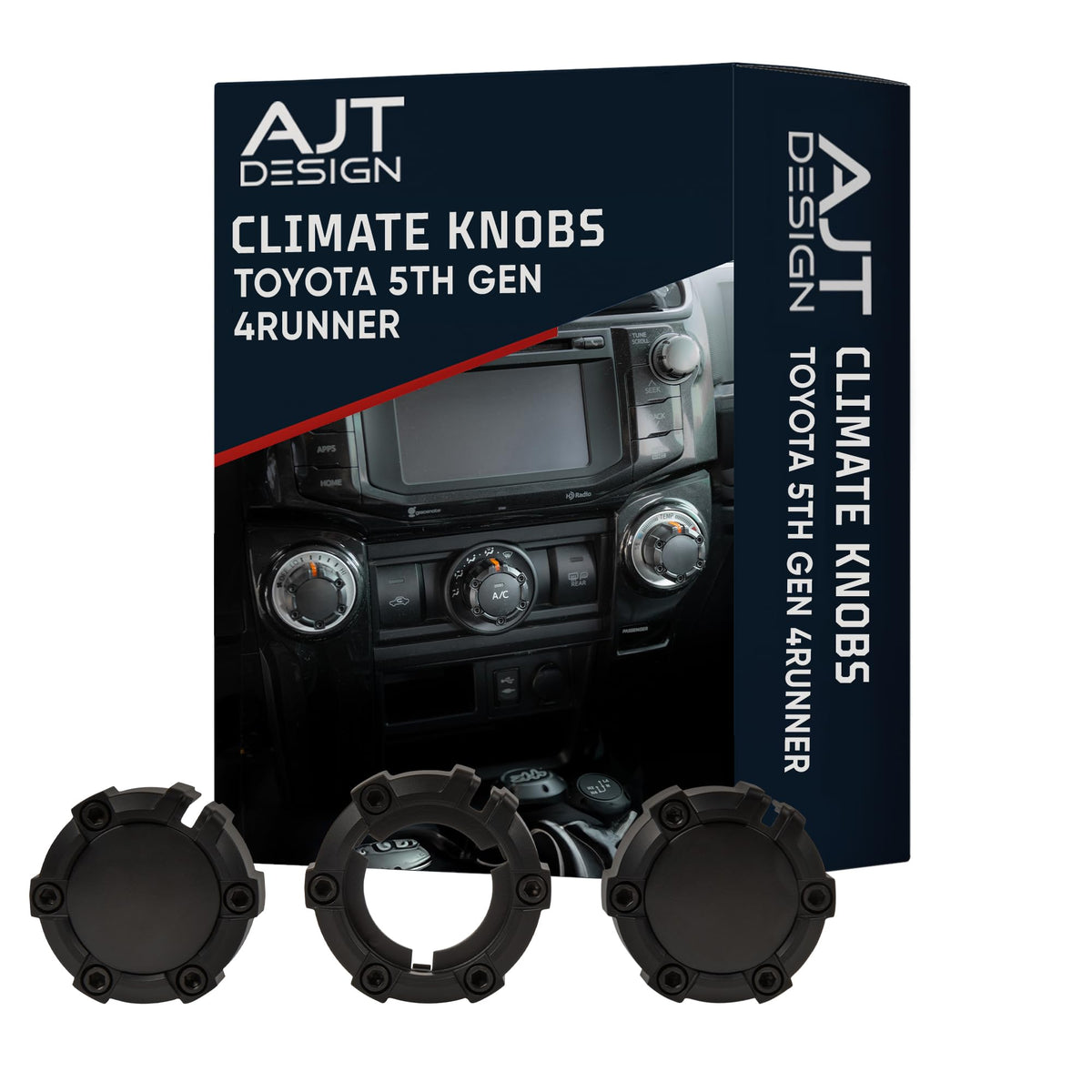 AJT DESIGN front view of three matte black knobs showing rugged finish and fit benefit