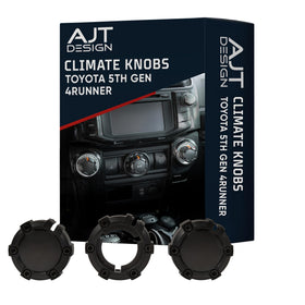 AJT DESIGN front view of three matte black knobs showing rugged finish and fit benefit