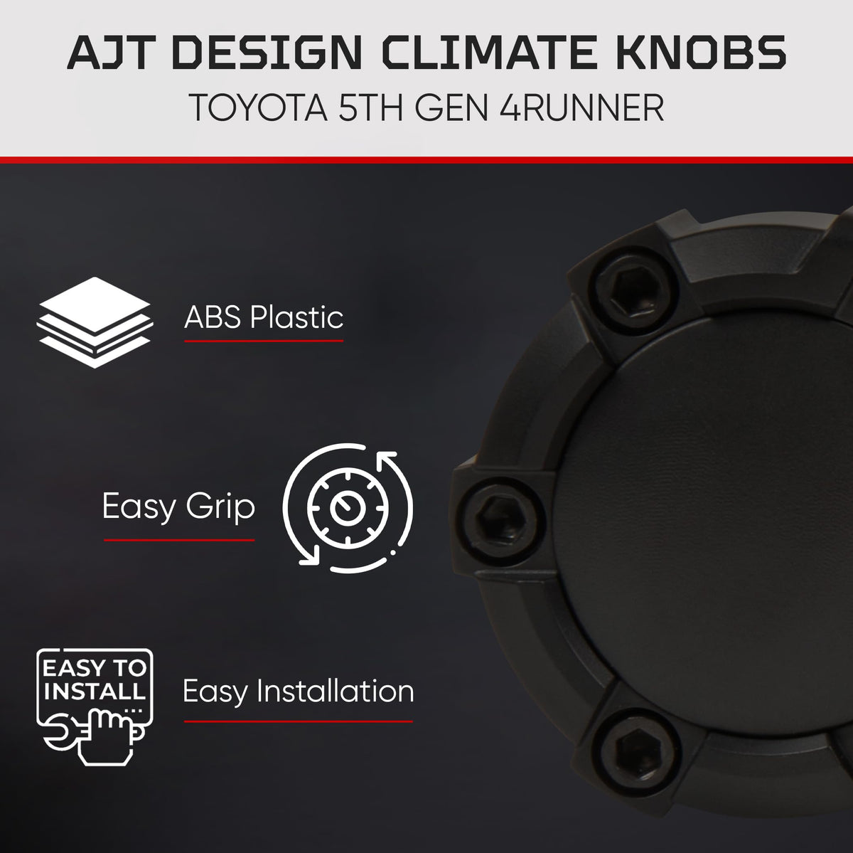 AJT DESIGN knob beside ruler for scale showing compact, direct-fit replacement benefit