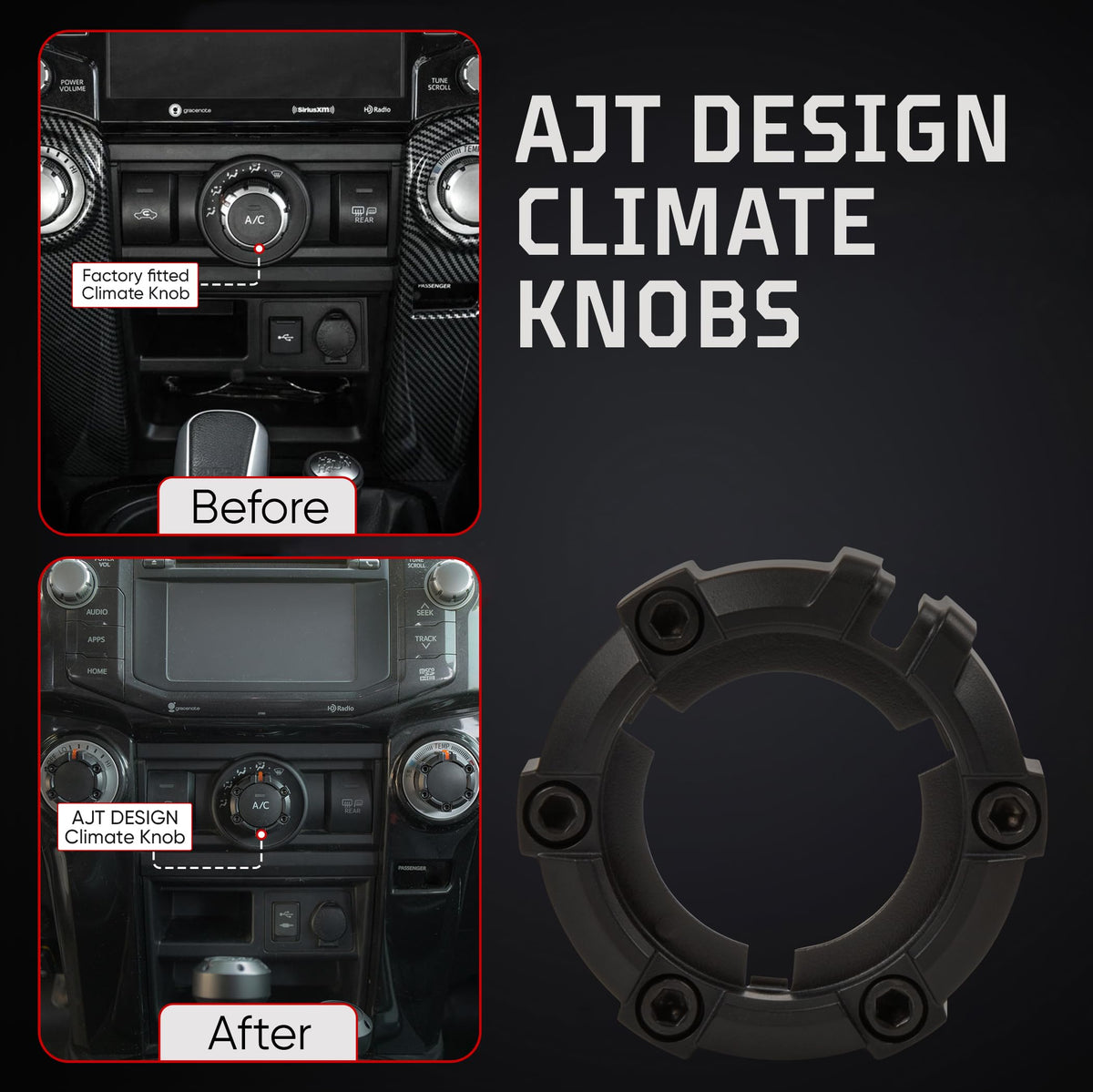 AJT DESIGN knobs installed on 4Runner dashboard showing improved interior aesthetic benefit