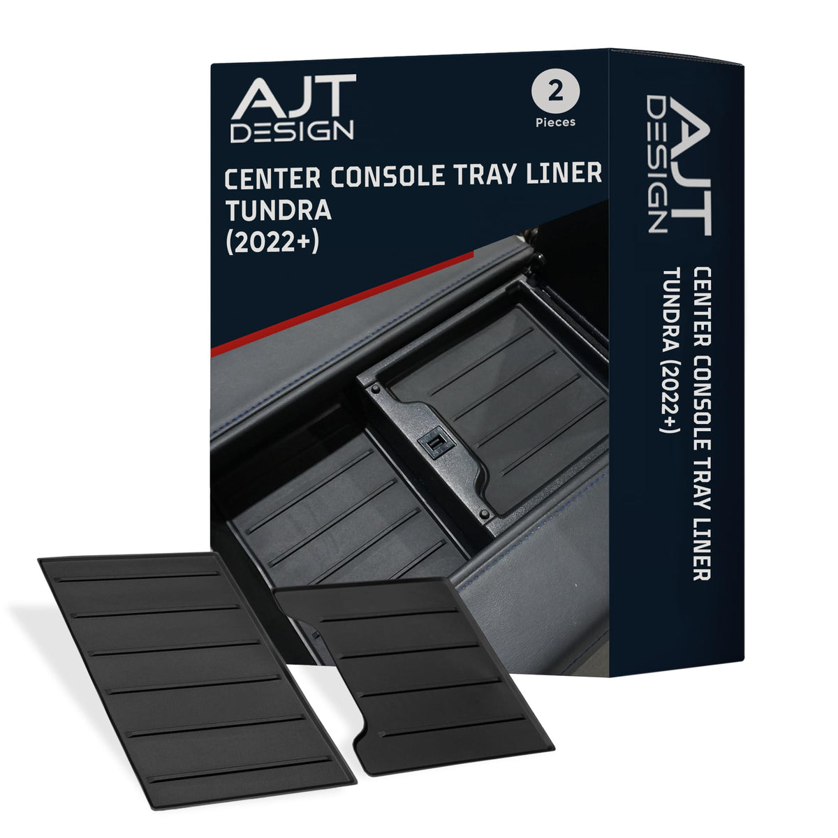 AJT DESIGN front view of black console tray liners showing precise OEM fit and neat appearance