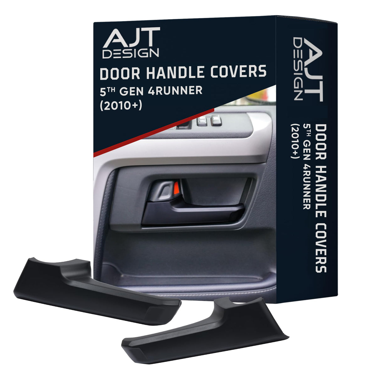 AJT DESIGN front overview of black ABS door handle cover showing sleek chrome-delete benefit